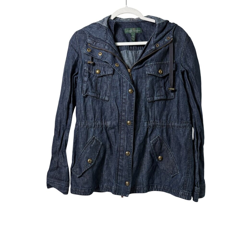 LRL Ralph Lauren Jeans Denim Utility Jacket Womens S Blue Cotton Linen Hooded